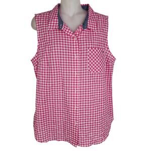 Tommy Hilfiger Womens Shirt Medium Button Up Sleeveless Pink White Check Gingham